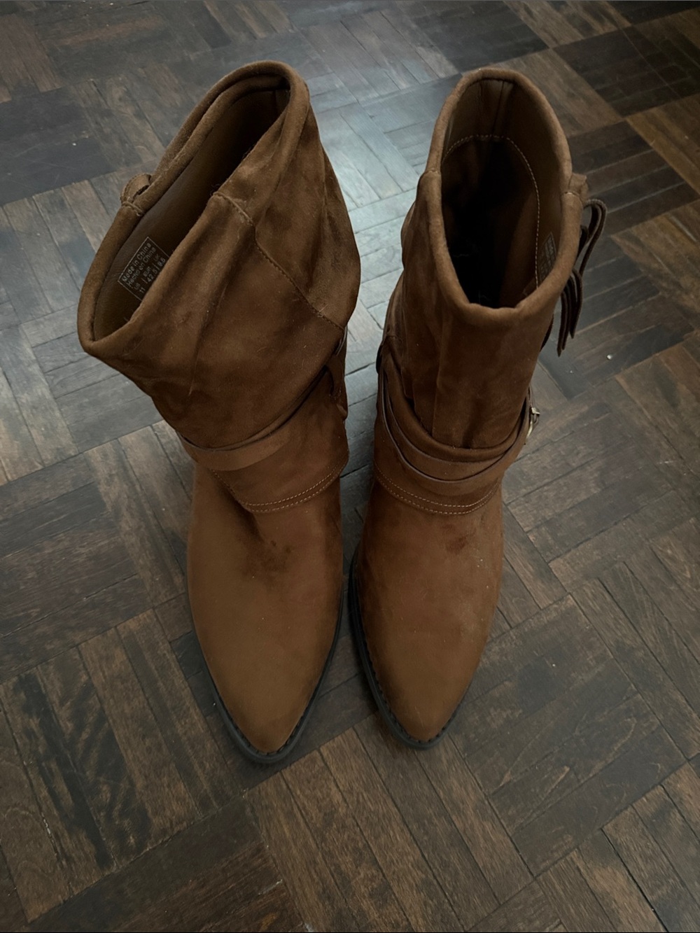 Brown Suede Mid-Calf Ankle Booties with Strap Accent